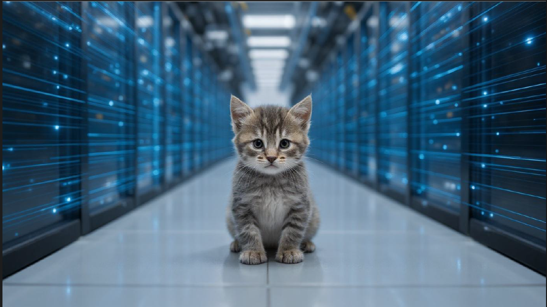 A cat sitting in a server room AI-generated content may be incorrect.
