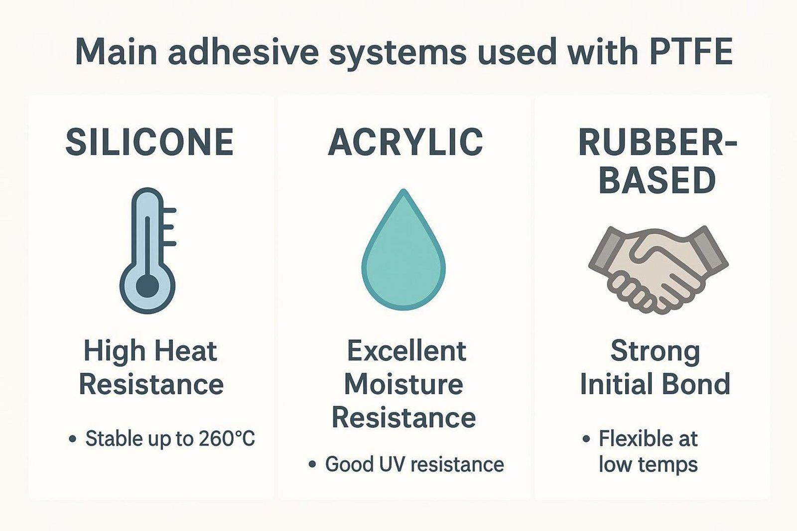 A clean infographic comparing adhesive systems for PTFE tape showing key properties for silicone, acrylic, and rubber-based options.