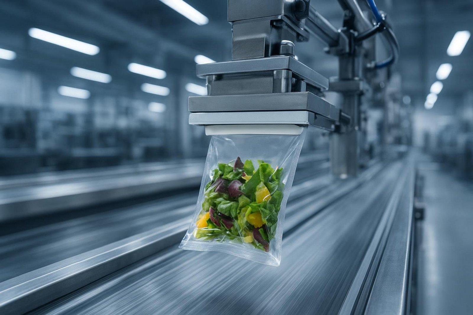 A photorealistic action shot of a fast food packaging line focusing on a heat-sealing arm sealing a plastic pouch with visible PTFE tape, highlighting efficiency and modern equipment.