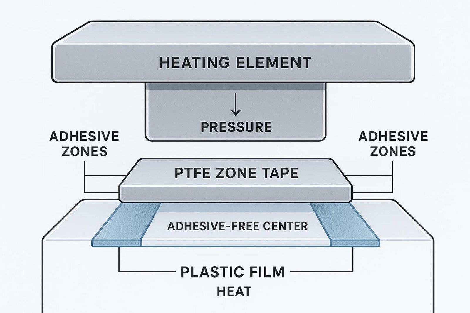 A technical illustration showing how PTFE zone tape functions on a heat-sealing machine with labeled adhesive zones and adhesive-free center.