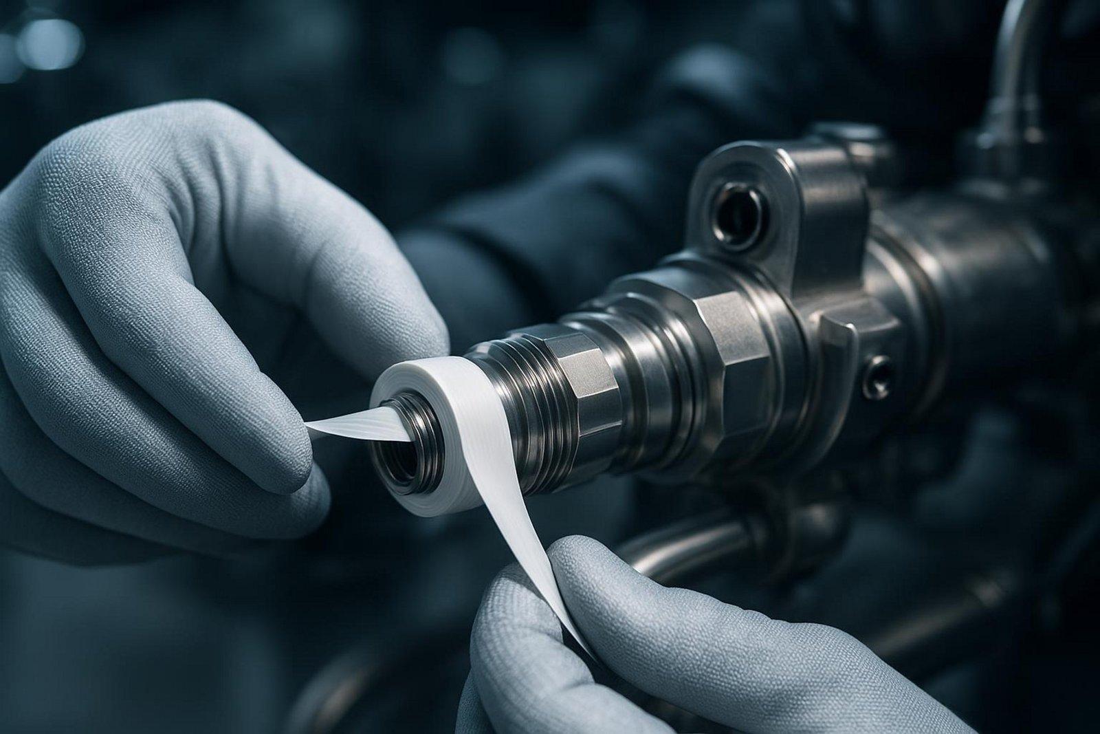 Close-up of an engineer applying PTFE tape to a jet engine component, highlighting precision and technology in aerospace assembly.